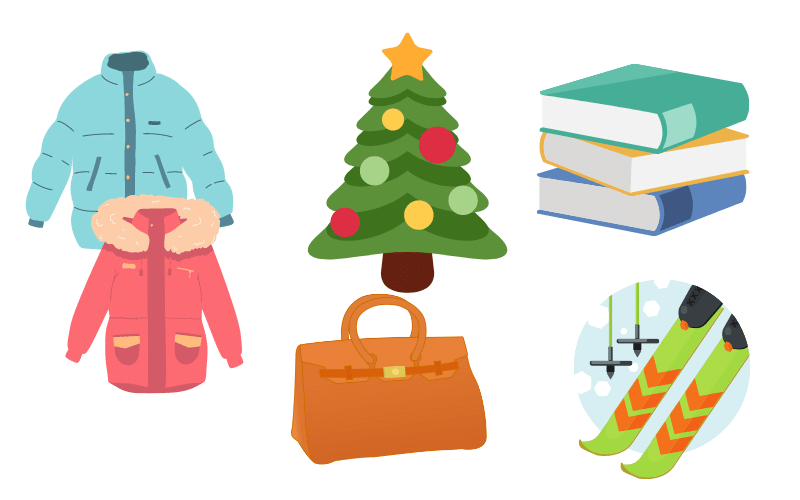 衣類やクリスマスツリーのイラスト