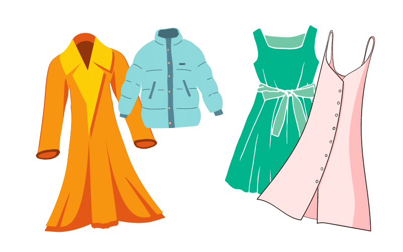 ロングコートとダウンジャケットと夏物ワンピース